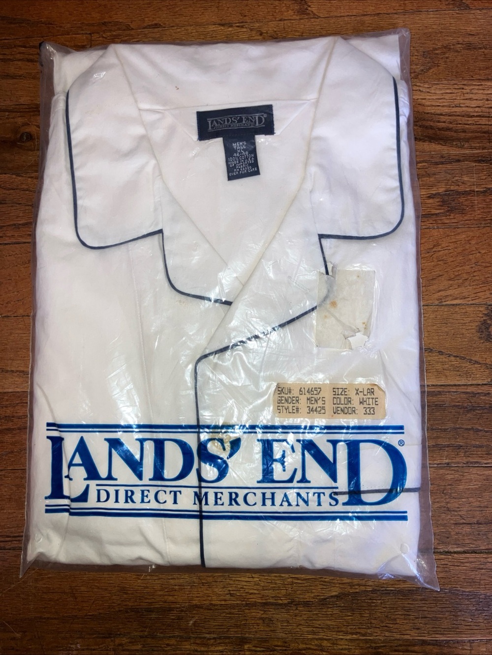 Lands' End White Men’s Button-Down Shirt with Navy Piping